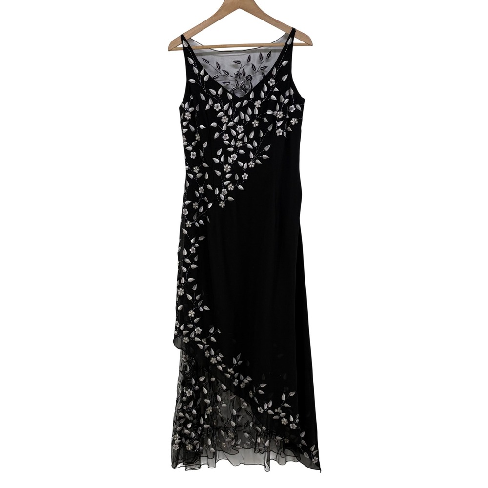 Y2K Fiesta Hand Beaded Floral Asymmetrical Evening Gown XL Black Whimsigoth